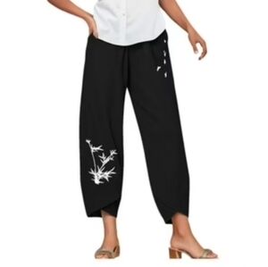 Black Women's Pants with White Bamboo Design